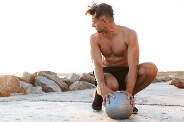 Portrait Muscular Shirtless Sportsman Doing Exercises Small Fitness Ball Outdoors — Stock Photo, Image