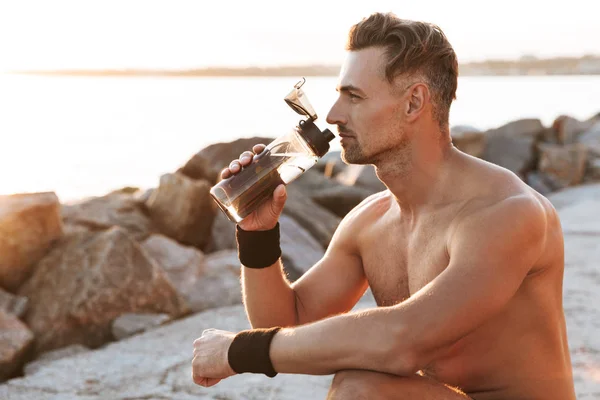 Portrait Handsome Shirtless Sportsman Resting Jogging Drinking Water Outdoors — Stock Photo, Image