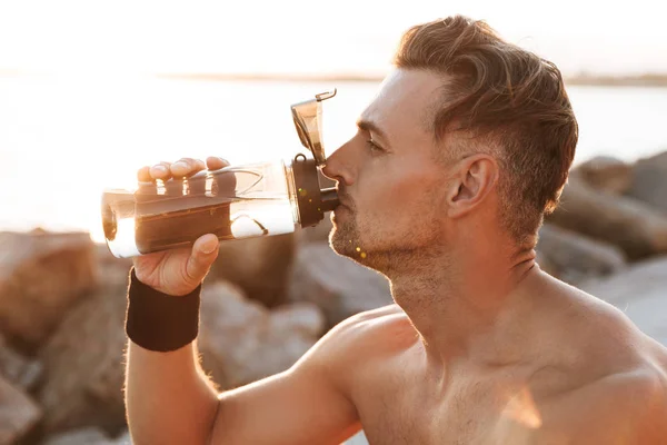 Close Portrait Handsome Shirtless Sportsman Resting Jogging Drinking Water Outdoors — Stock Photo, Image