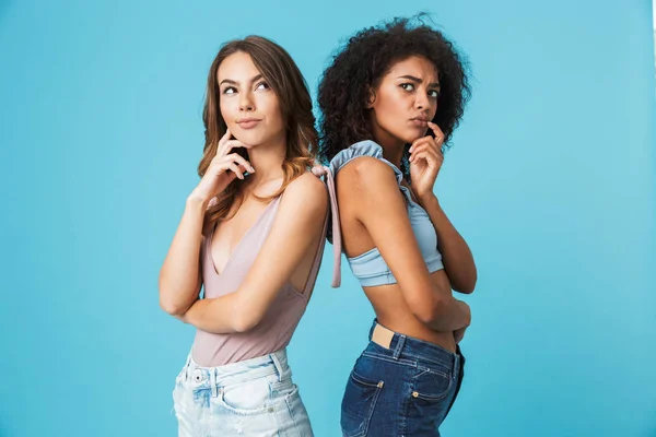 Two Pensive Young Girls Dressed Summer Clothes Standing Back Back — Stock Photo, Image