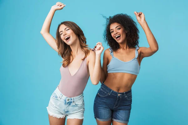 Two Happy Young Girls Dressed Summer Clothes Dancing Together Isolated — Stock Photo, Image