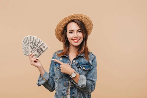 Portrait Happy Young Girl Summer Clothes Showing Money Banknotes Pointing — Stock Photo, Image