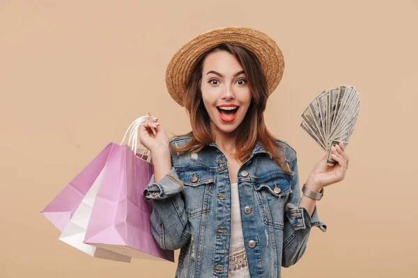 Portret Van Een Verbaasd Jong Meisje Zomer Kleding Geld Bankbiljetten — Stockfoto