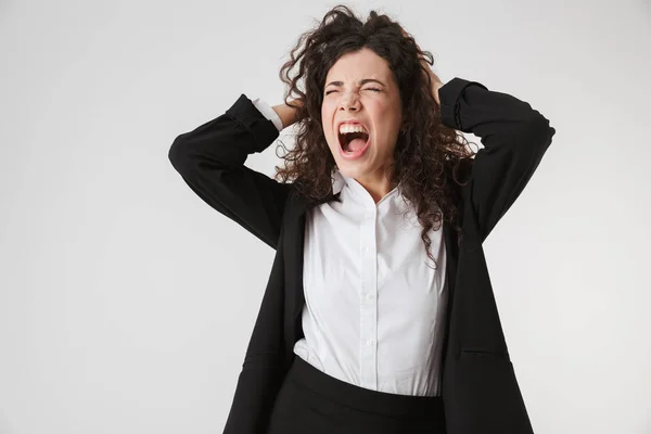 Retrato Uma Jovem Empresária Furiosa Gritando Isolada Sobre Fundo Branco — Fotografia de Stock