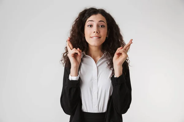 Portrait Worried Young Businesswoman Holding Fingers Crossed Good Luck Isolated — Stock Photo, Image