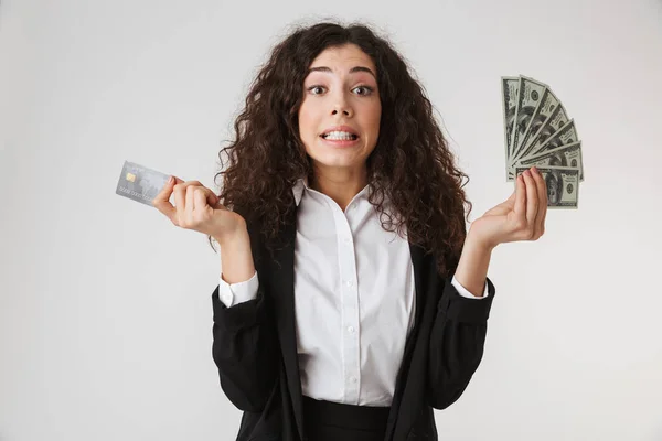 Photo Emotional Young Business Woman Credit Card Money Isolated White — Stock Photo, Image