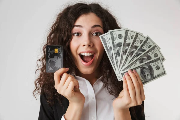 Photo Excited Happy Young Business Woman Credit Card Money Isolated — Stock Photo, Image