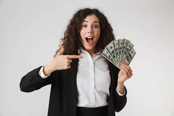 Portrait Excited Young Businesswoman Pointing Money Banknotes Isolated White Background — Stock Photo, Image