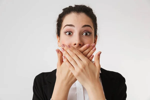 Image Young Business Woman Covering Mouth Hands Isolated White Wall — Stock Photo, Image