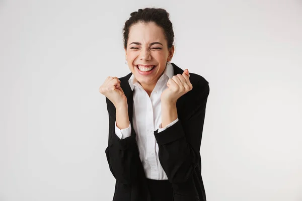 Retrato Una Joven Empresaria Emocionada Celebrando Bodega Aislada Sobre Fondo — Foto de Stock