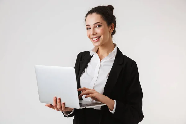 Image Smiling Young Business Woman Using Laptop Computer Isolated White — Stock Photo, Image