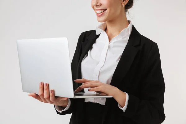 Cropped Photo Smiling Young Business Woman Using Laptop Computer Isolated — Stock Photo, Image