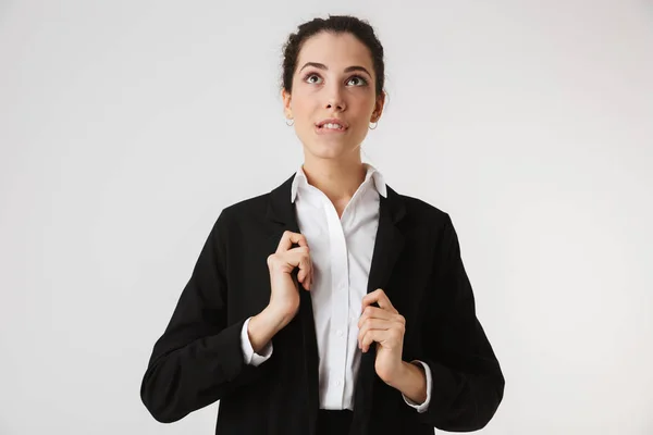 Image Young Business Woman Button His Shirt Isolated White Wall — Stock Photo, Image