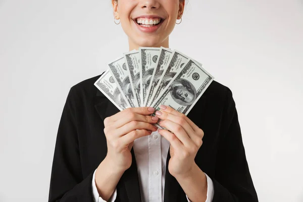 Cropped Photo Young Business Woman Holding Money Isolated White Wall — Stock Photo, Image