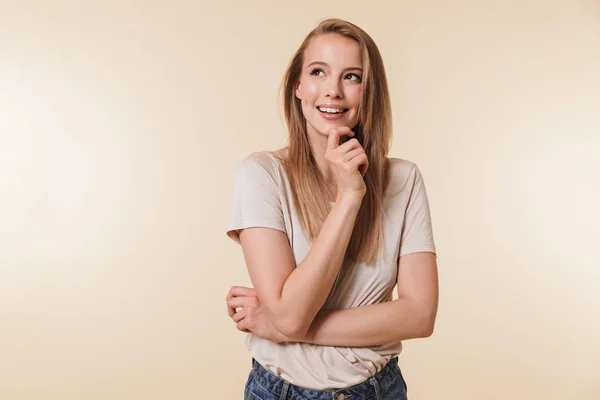 Image Affable Blond Woman 20S Wearing Casual Shirt Smiling Looking — Stock Photo, Image