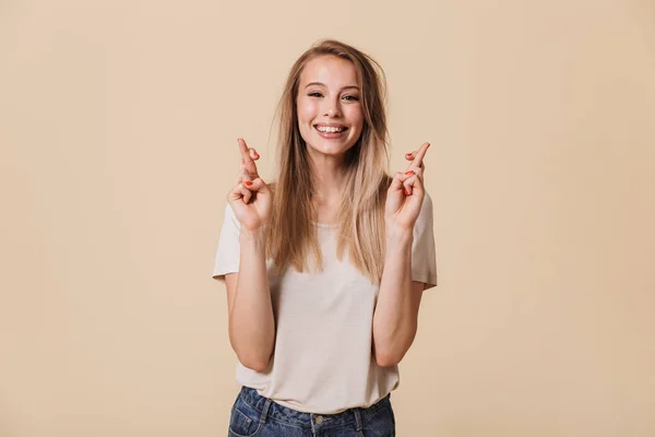 Portrait Happy Casual Girl Holding Fingers Crossed Good Luck Isolated — Stock Photo, Image