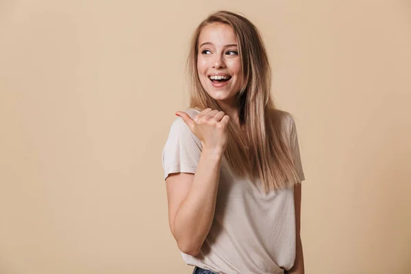 Portrait Happy Casual Girl Pointing Finger Away Copy Space Isolated — Stock Photo, Image