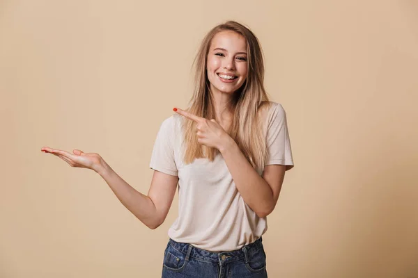 Portrait Happy Casual Girl Pointing Finger Away Copy Space Her — Stock Photo, Image
