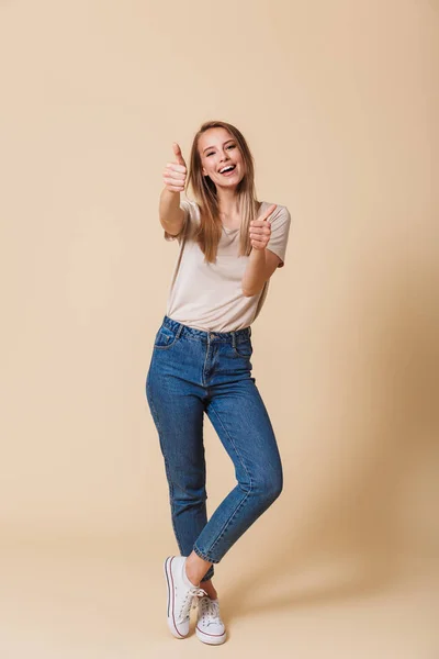 Full Length Portrait Happy Casual Girl Showing Thumbs Gesture Isolated — Stock Photo, Image