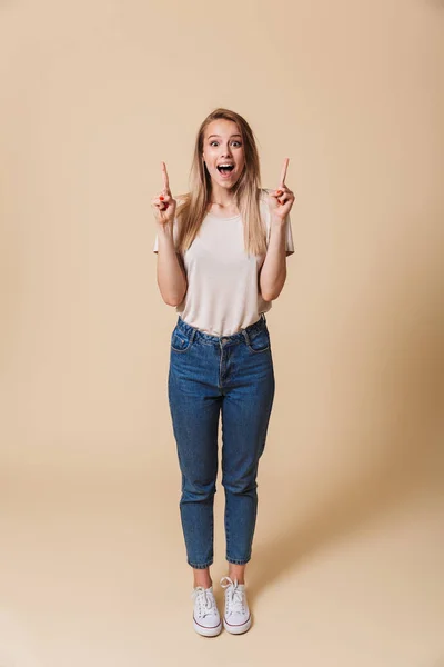 Full Length Portrait Excited Casual Girl Pointing Finger Copy Space — Stock Photo, Image