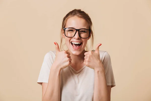 Image Happy Blonde Woman 20S Tied Hair Wearing Basic Shirt — Stock Photo, Image