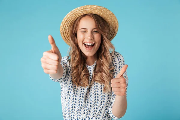 Cheerful Blonde Woman Dress Hat Showing Thumbs While Looking Camera — Stock Photo, Image