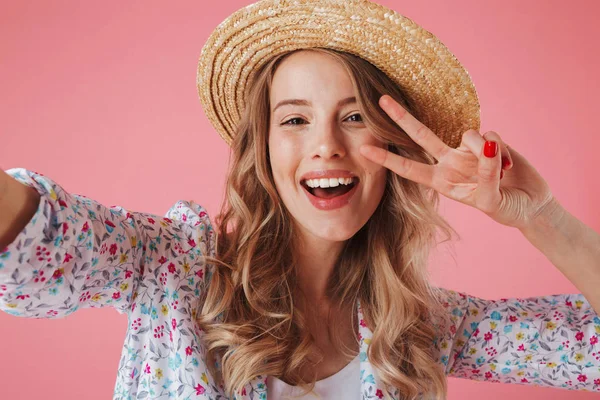 Close Portrait Cheerful Young Woman Summer Dress Straw Hat Taking — Stock Photo, Image