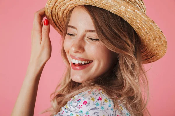 Close Portrait Laughing Young Woman Summer Dress Straw Hat Posing — Stock Photo, Image