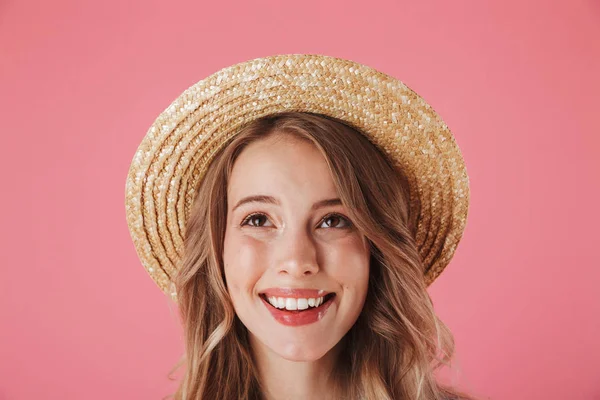 Retrato Cerca Una Joven Feliz Vestido Verano Sombrero Paja Mirando — Foto de Stock