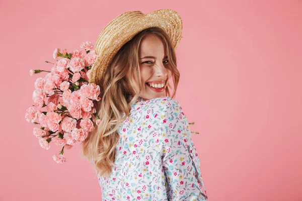 Nahaufnahme Porträt Einer Schönen Jungen Frau Sommerkleid Und Strohhut Mit — Stockfoto