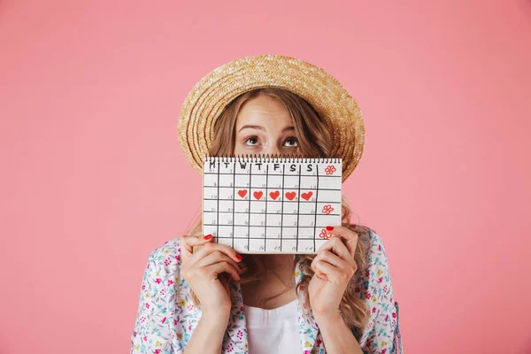 Portrait Pretty Young Woman Straw Hat Holding Women Period Calendar — Stock Photo, Image