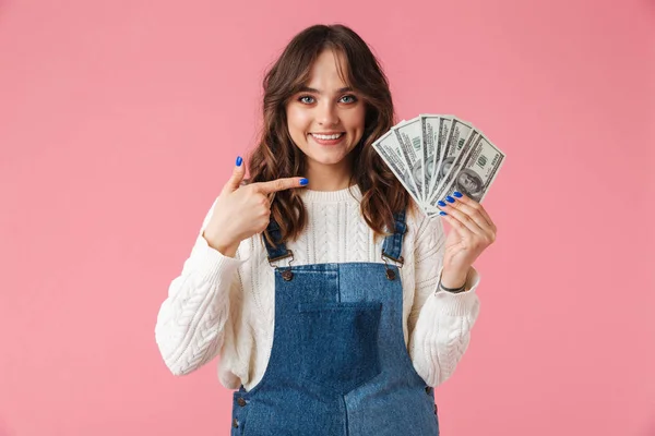 Retrato Una Joven Alegre Apuntando Con Dedo Billetes Dinero Aislados — Foto de Stock