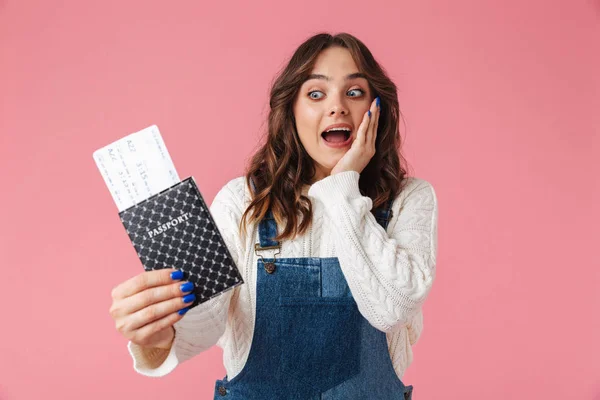 Portrait Cheerful Young Girl Looking Passport Flying Tickets Isolated Pink — Stock Photo, Image