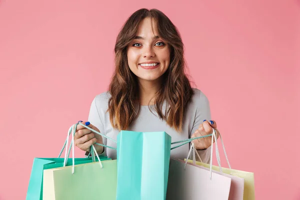 Foto Van Gelukkige Jonge Mooie Vrouw Shopaholic Permanent Geïsoleerde Roze — Stockfoto