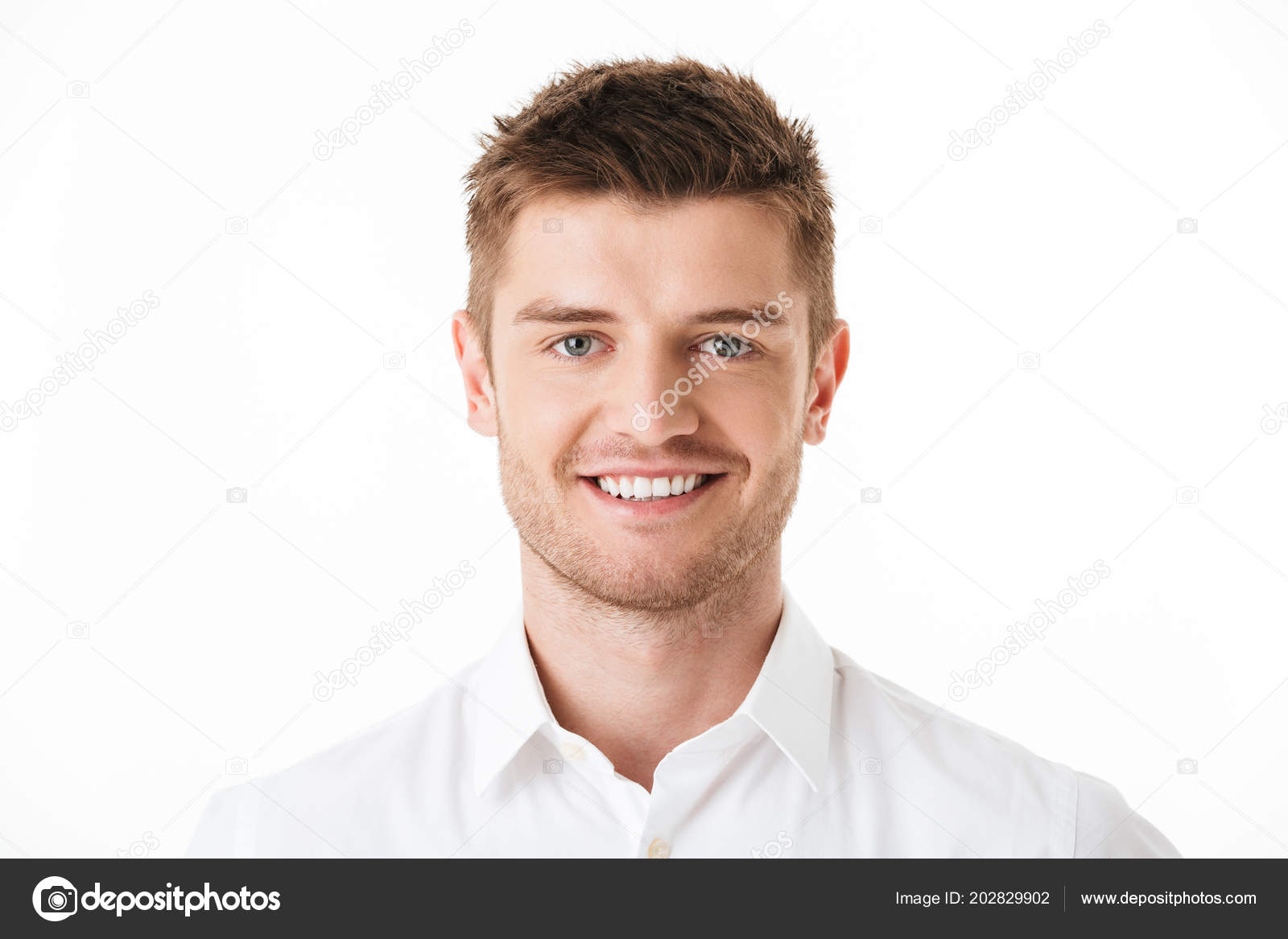 Close Portrait Smiling Young Man Looking Camera Isolated White Background  Stock Photo by ©Vadymvdrobot 202829902