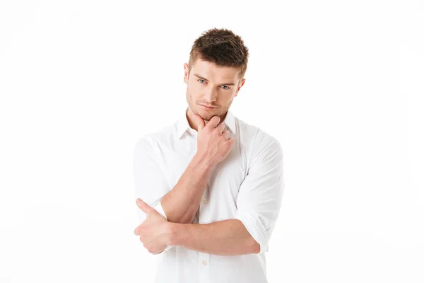 Portrait Jeune Homme Pensif Regardant Caméra Isolée Sur Fond Blanc — Photo