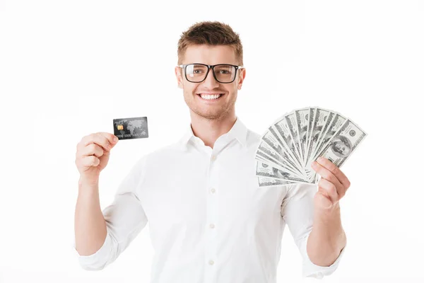 Retrato Joven Feliz Con Anteojos Con Billetes Banco Que Muestra — Foto de Stock