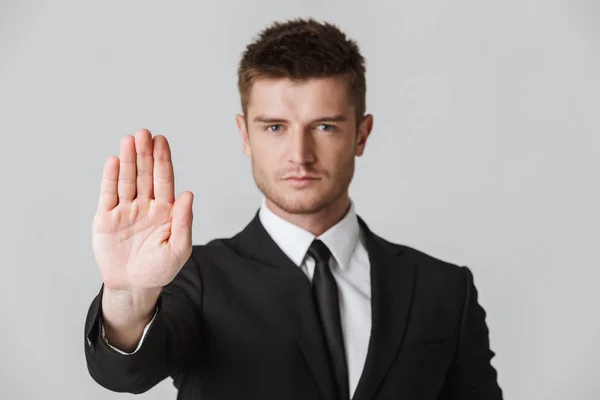 Portrait Confident Young Businessman Suit Showing Stop Gesture His Palm — Stock Photo, Image
