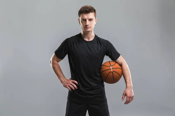 Portrait Concentrated Young Sportsman Basketball Isolated Gray Background — Stock Photo, Image