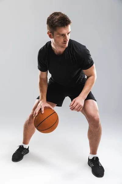 灰色の背景の上分離されたバスケット ボール集中若いスポーツマンの完全な長さの肖像画 — ストック写真