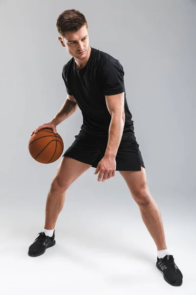 Full Length Portrait Confident Young Sportsman Playing Basketball Isolated Gray — Stock Photo, Image