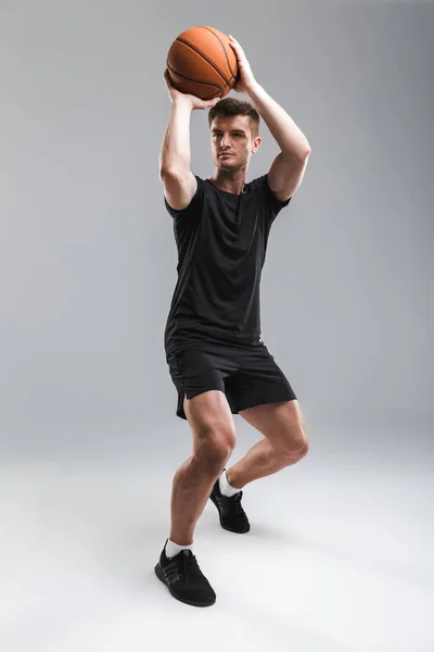 Full Length Portrait Handsome Young Sportsman Playing Basketball Isolated Gray — Stock Photo, Image