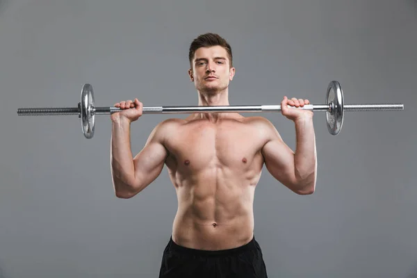 Portrait Strong Shirtless Sportsman Doing Exercises Barbell Isolated Gray Background — Stock Photo, Image