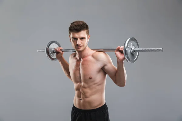 Portrait Confident Shirtless Sportsman Doing Exercises Barbell Isolated Gray Background — Stock Photo, Image