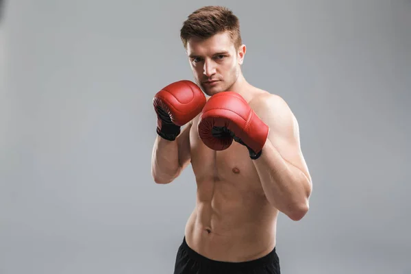 Portrét Silné Shirtless Sportovce Nosí Boxerské Rukavice Izolované Nad Šedým — Stock fotografie