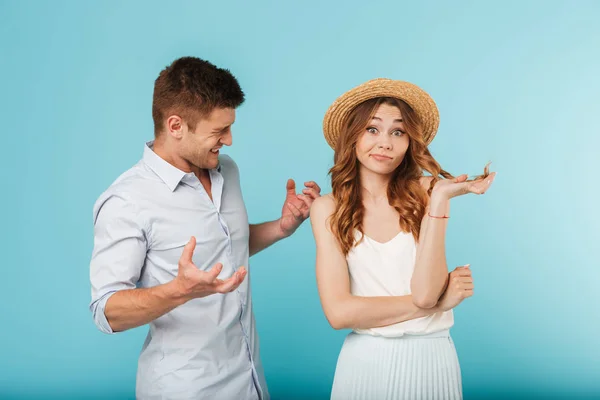 Image Young Angry Caucasian Loving Couple Friends Isolated Blue Background — Stock Photo, Image