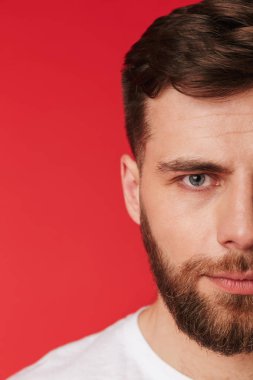 Fotoğraf izole kırmızı duvar arka plan üzerinde duran yakışıklı genç adamın kırpılmış. Görünümlü kamera.
