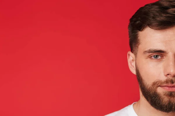 Cropped Photo Handsome Young Man Standing Isolated Red Wall Background — Stock Photo, Image