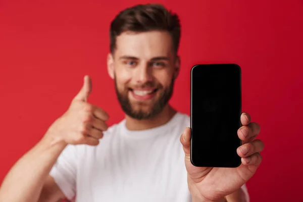 Image Happy Young Man Standing Isolated Red Wall Background Showing — Stock Photo, Image