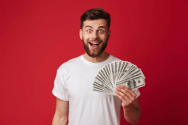 Foto Europeiska Lycklig Casual Shirt Leende Och Håller Solfjäder Pengar — Stockfoto